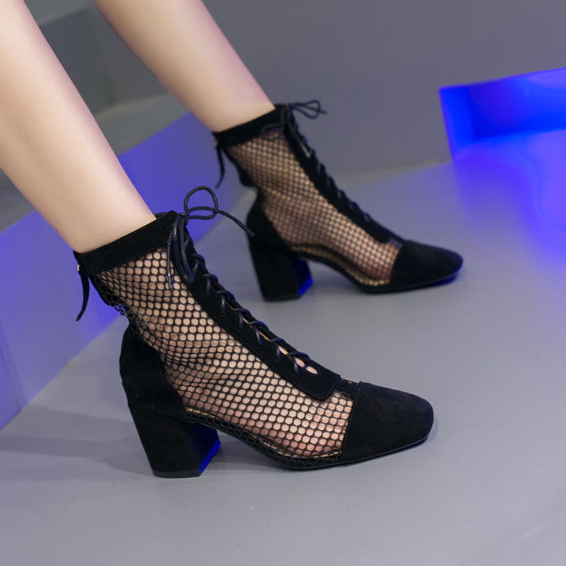 black mesh summer long sandal boots with suede accents and chunky heel designed as long sandal boots for warm weather use