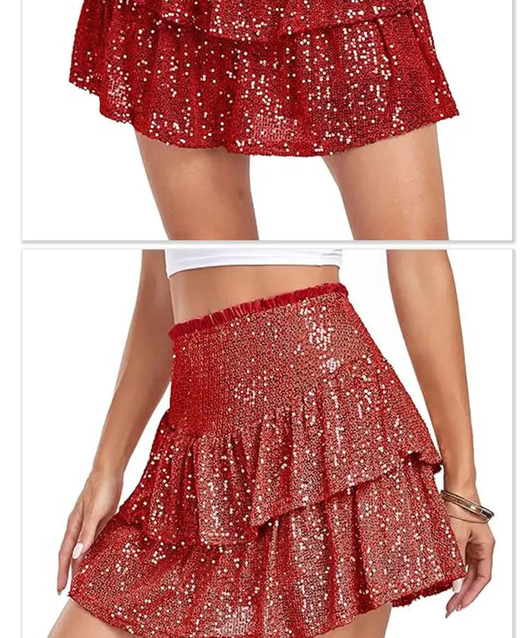 a vibrant red two tiered sequin dance skirt featuring a mini length, tiered ruffle design, and an elastic waistband ideal for performance sequin dance use