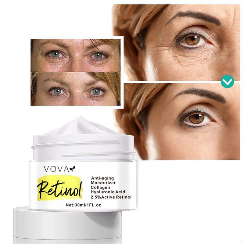white vova retinol anti-aging moisturizer face cream 30ml jar with a yellow label and piped cream on top.