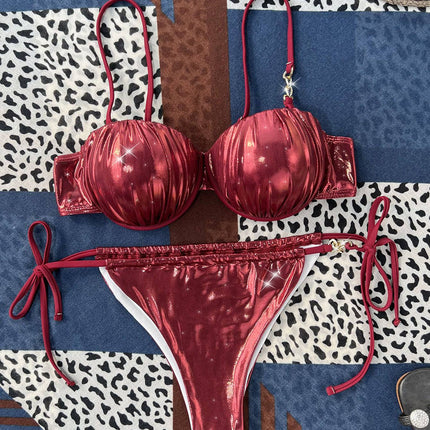 Steel Bracket Push Up Sexy Metallic Bikini - Royalessencelux