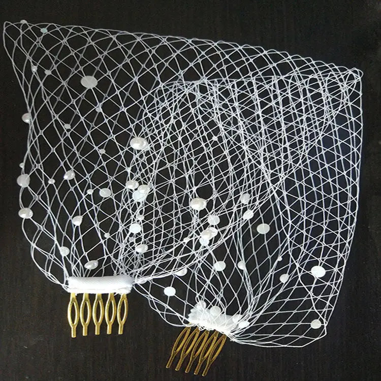 white beaded netting veil pearl large mesh with gold-colored hair comb attachments for bridal use