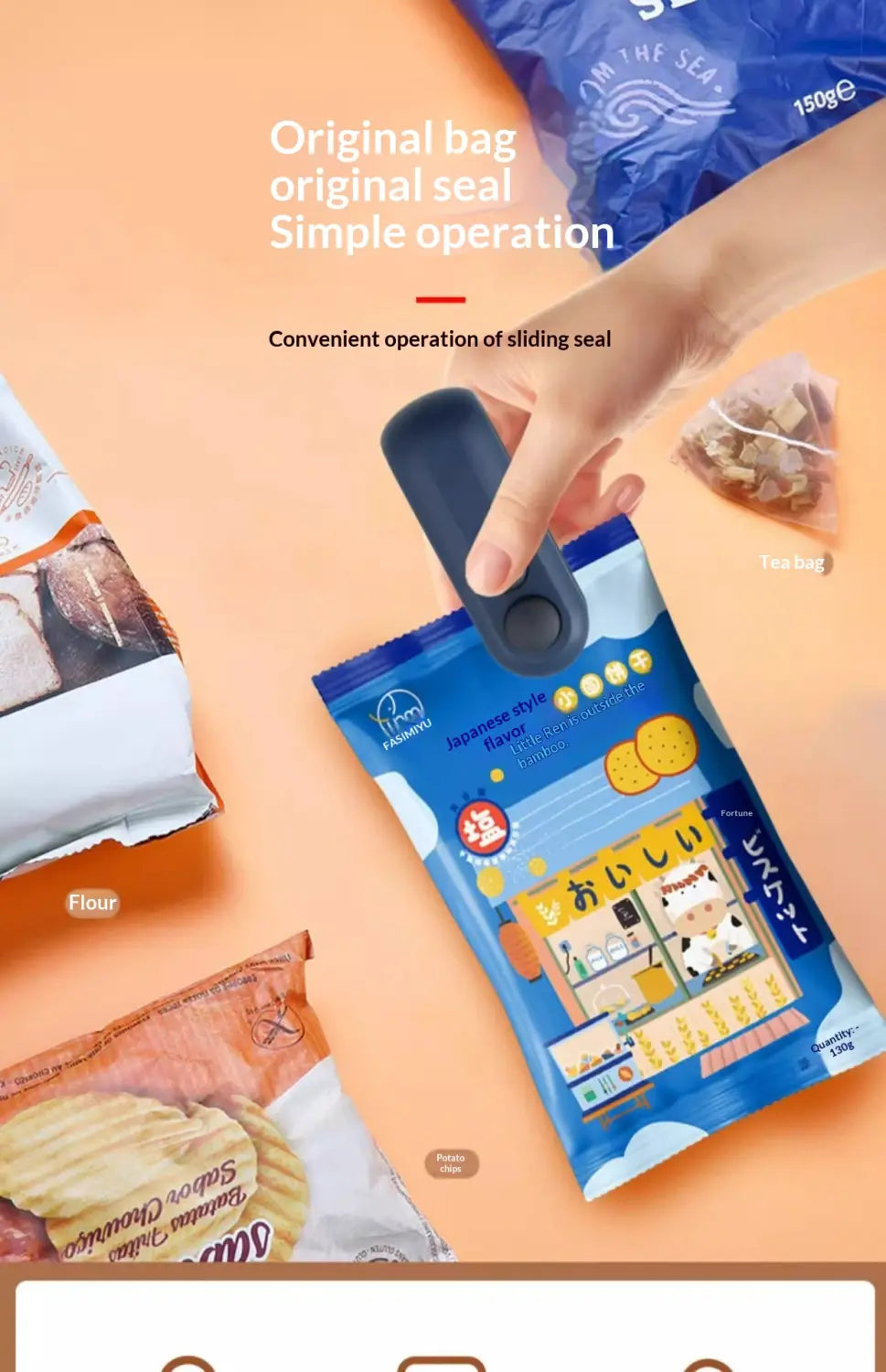 portable usb heat sealer and magnetic storage clip featuring a blue japanese-style snack bag with a cartoon illustration and bilingual text including the brand name rakuten on its packaging for vacuum sealer use.