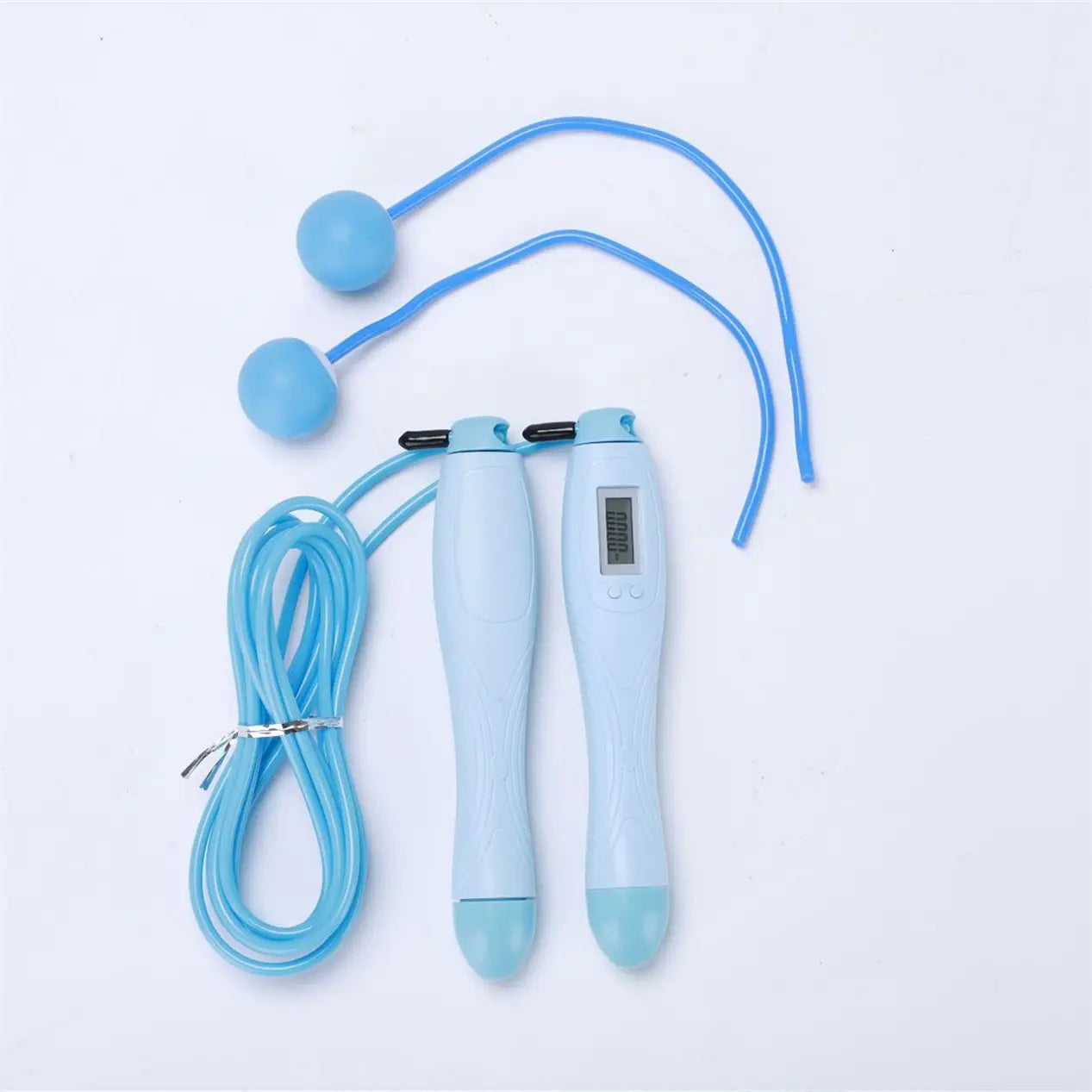 Light blue digital skipping rope with two matching spherical handles and a coiled cord designed as a cordless electronic skipping rope.