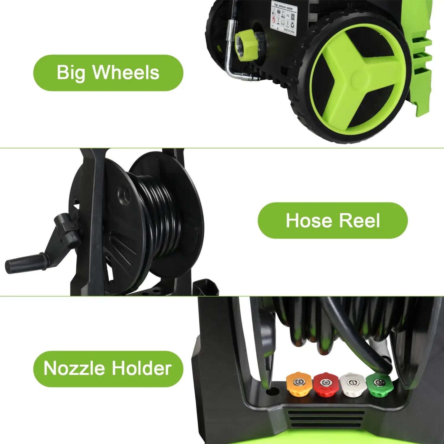 Green and black high pressure cleaner with big wheels hose reel and nozzle holder designed as a portable pressure cleaner.