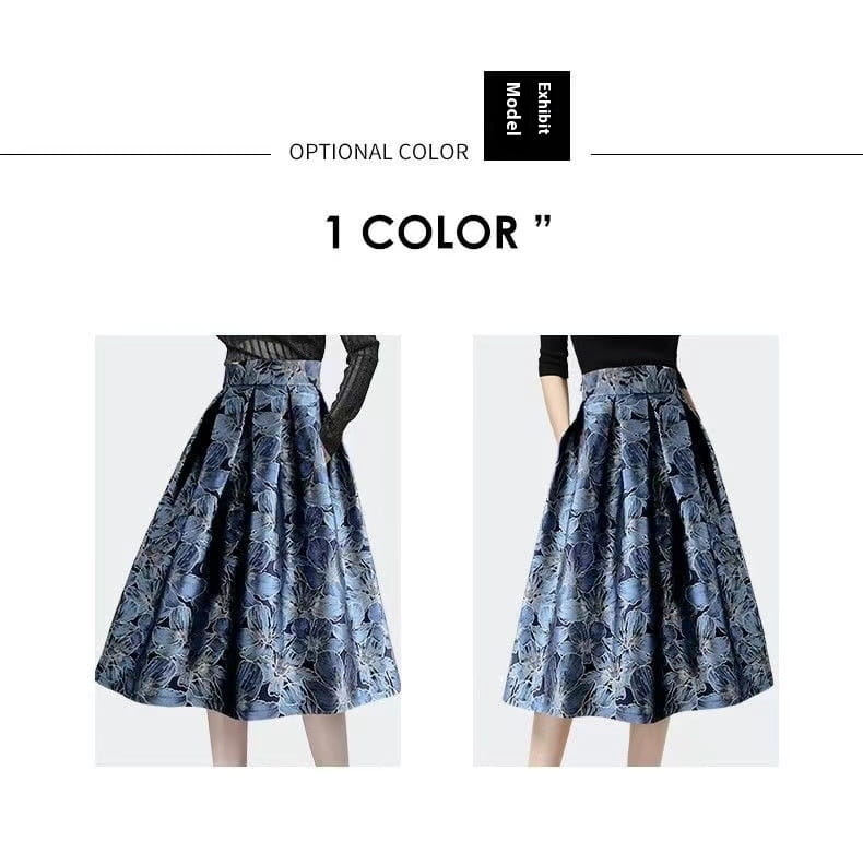 a high waist slimming jacquard floral midi skirt in dark blue and white featuring a flared silhouette and textured fabric