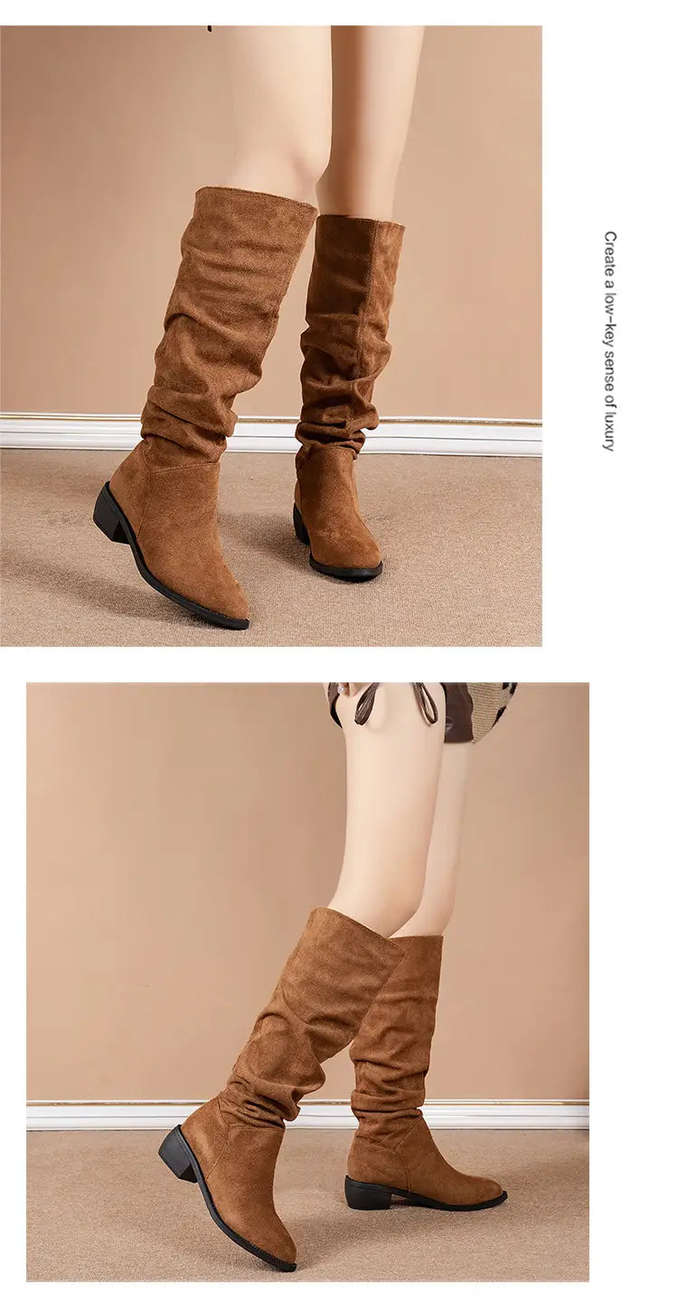 tan suede high leg boot featuring a slight heel and soft gathered sleeve suede high fabric around the upper for a slouchy look.