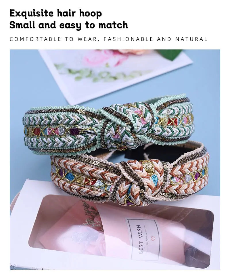 two intricately braided fabric knotted hair hoops in mint green and beige with colorful gemstone accents and cream and brown tones featuring embedded stones as knotted hair accessories bohemian woven headbands