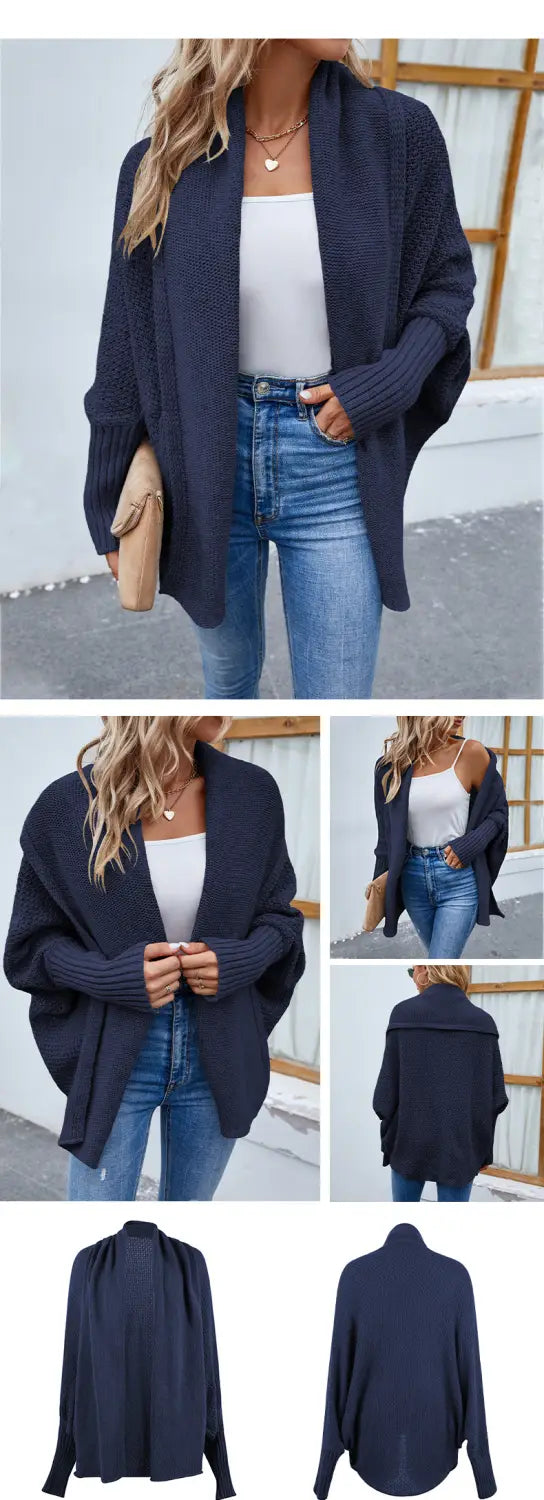 Navy blue loose knitted sweater solid color cardigan with a knitted sweater solid design featuring an open-front and ribbed cuffs.