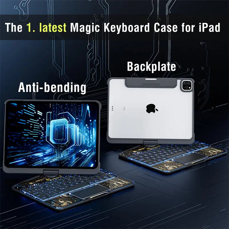 black magic keyboard case for ipad with core transparent rotating design, integrated keyboard, pen slot, and anti-bending backplate for keyboard protective use.