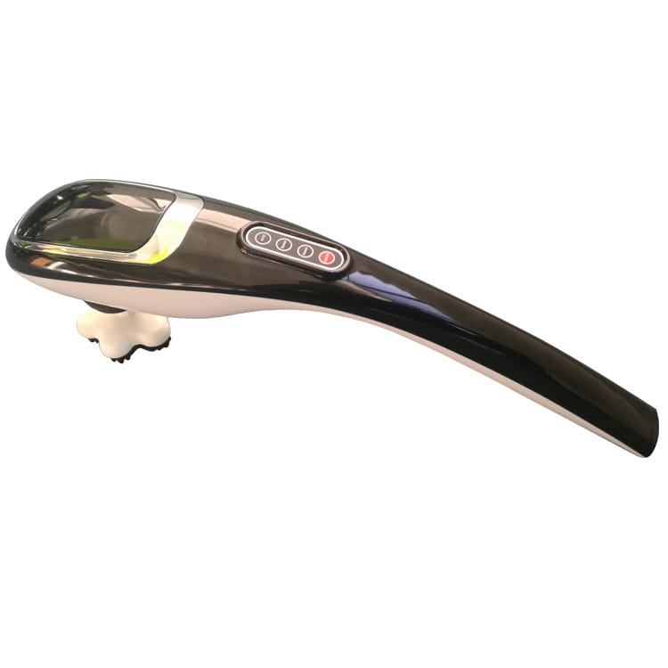 Black and silver electric cervical massage stick with a sleek ergonomic design and four control buttons on the handle for effective cervical massage.