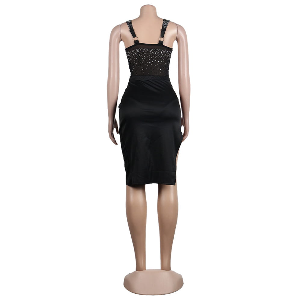 black satin midi dress with rhinestone sling backless design and sparkling embellishments on the bodice featured in a set two colors collection