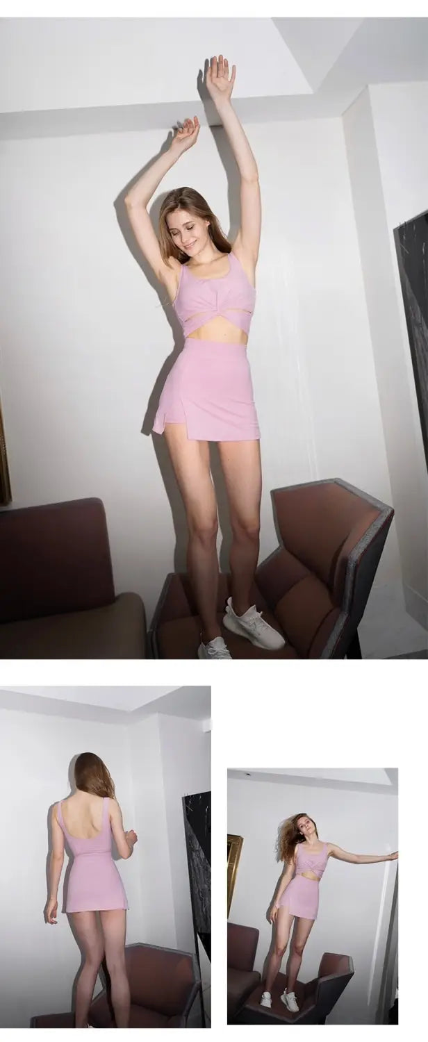 pink two-piece yoga clothes sports suit featuring a cropped top and flared pants skirt designed for activewear and comfort