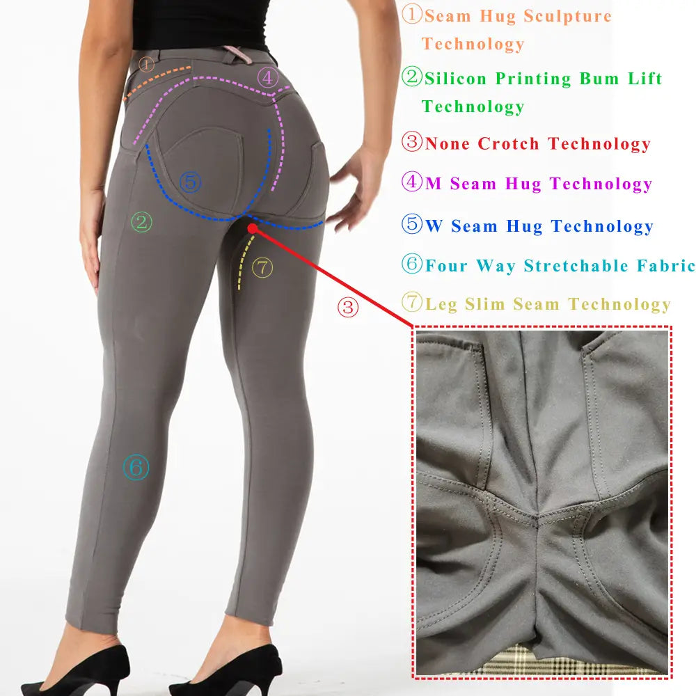 gray form-fitting denim leggings with a high waist and multiple seam technologies for shaping from the shascullfites melody high collection