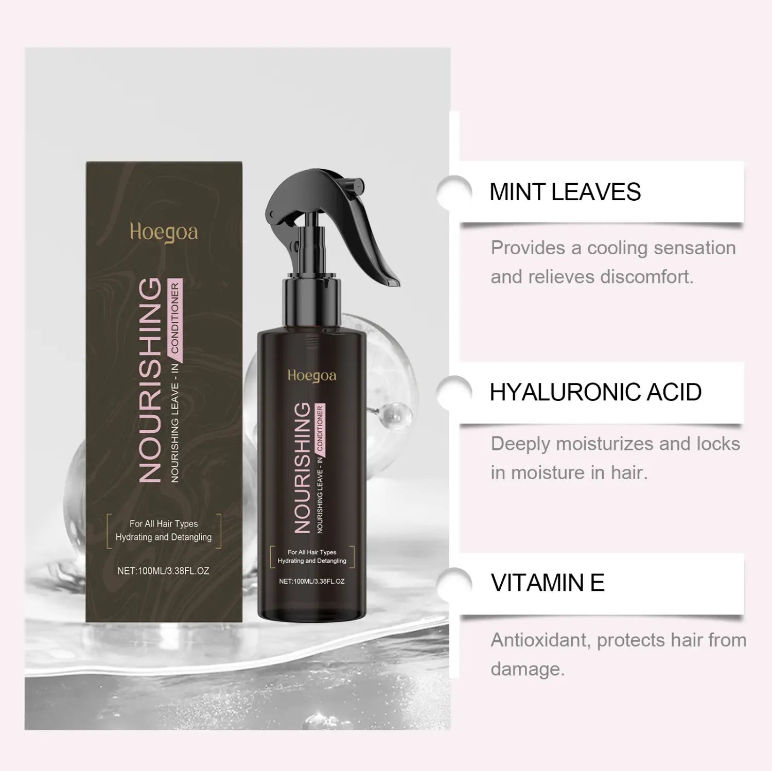 black spray bottle of hoegoa nourishing mint leaves conditioner with a sleek black pump and hydrating detangling formula for nourishing disposable hair care leave-in spray.