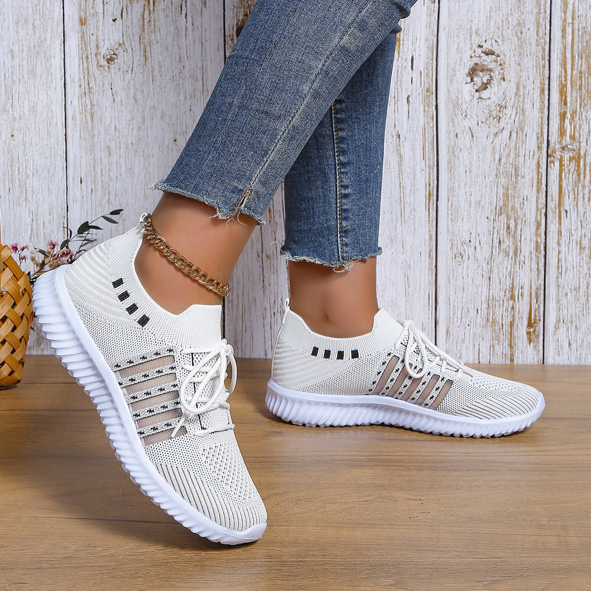 Women's Breathable Knit Mesh Lace-Up Sneakers, Lightweight Walking Running Shoes