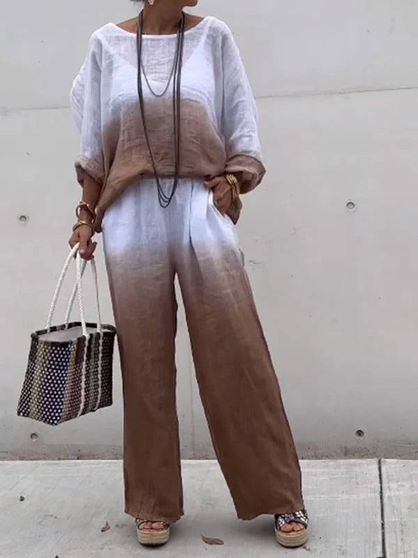 Women's cotton linen gradient two-piece set – Brown