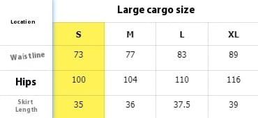 Large cargo size pants in a fashion y2k denim style with a yellow-highlighted waistline measurement of 73 for the s size.