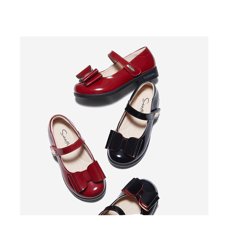 red and black patent leather girl shoes princess with matching bows designed as mary jane shoes for formal occasions