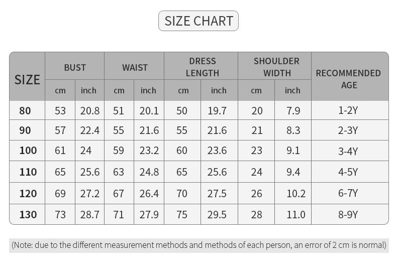 Size chart for silver sequined wedding dress tulle with dress tulle skirt measurements in centimeters and inches across bust waist dress length shoulder width and recommended age ranges for tulle skirt summer.