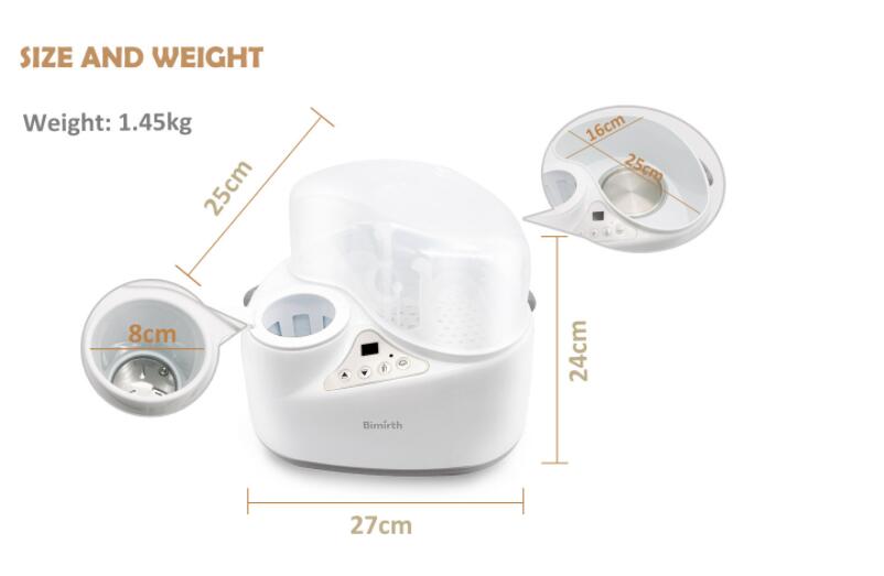 White plastic baby bottle sterilizer with a digital control panel and clear dome lid for hygienic baby bottle sterilization.