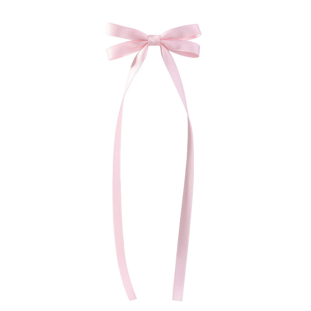 a delicate pink satin bow braided hair ribbon tie set featuring a neatly tied bow with long flowing tails made from smooth satin material for use as a braided hair ribbon or hair tie double accessory