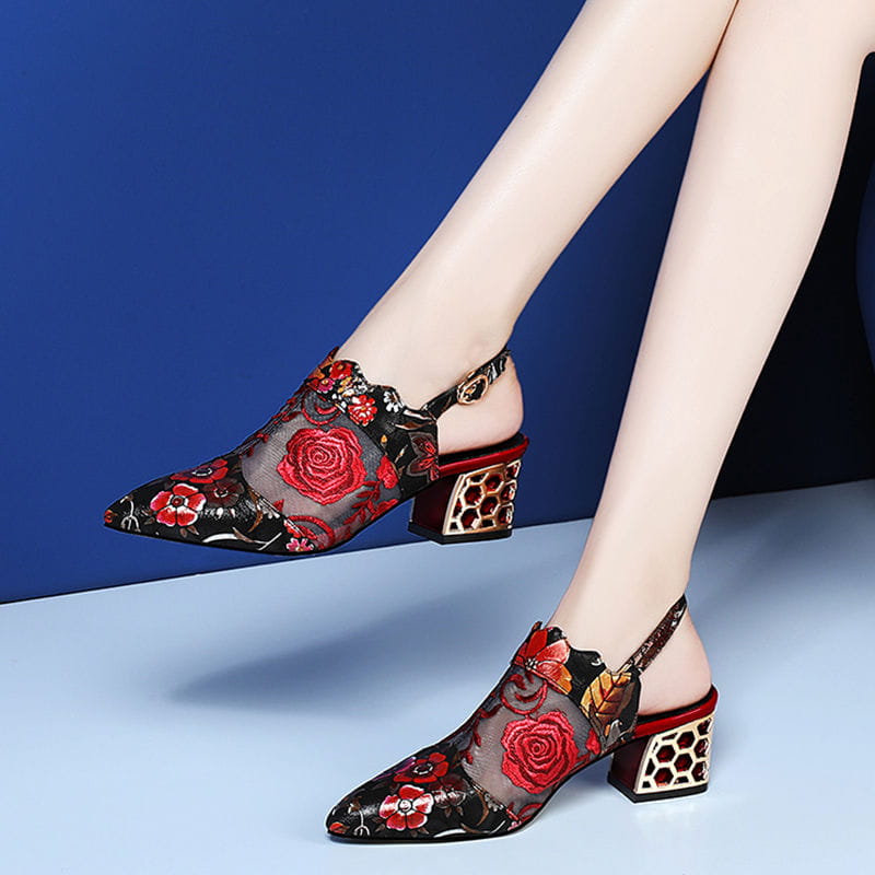 Black rhinestone rose heel sandals mesh featuring black floral lace, red rose embroidery, fish mouth design, ankle strap, and a honeycomb-patterned block heel.