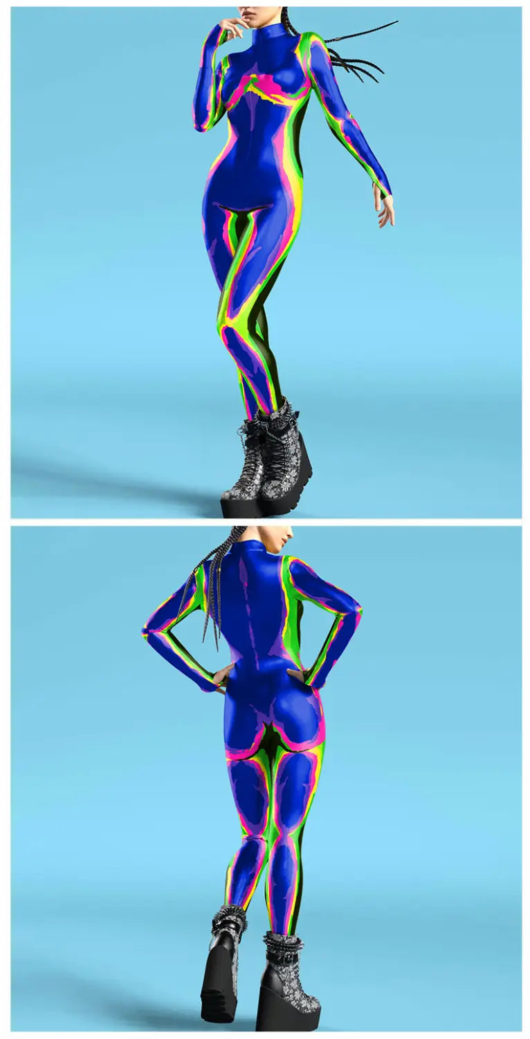 a vibrant blue form-fitting flame digital printed buttoned hand jumpsuit with glowing neon pink and green geometric patterns made of main fabric