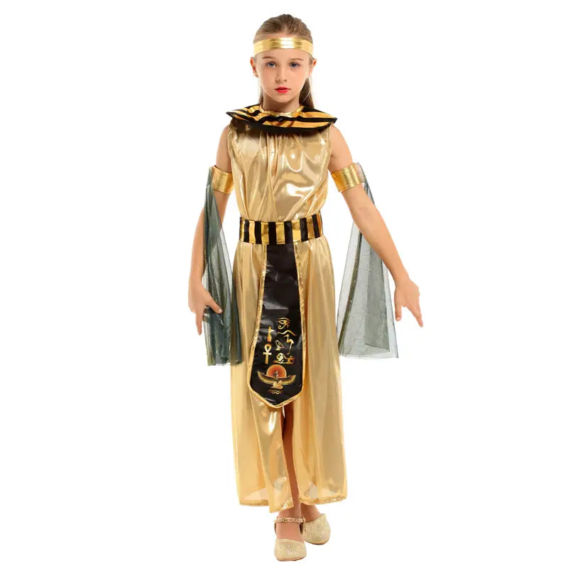 Gold satin egyptian goddess halloween cosplay costume with black accents, gold trim, pleated skirt, striped belt, and matching headband for cosplay costume masquerade Cleopatra.