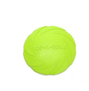 lime green dog training rubber frisbee with embossed dog-o-scar branding and radial grooves designed for pet dog training as a bright colorful training rubber toy