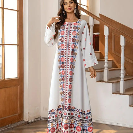 Middle Eastern Muslim Women's Rhinestone Bead Decorative Print And Rolled Up Sleeve Dress - Royalessencelux