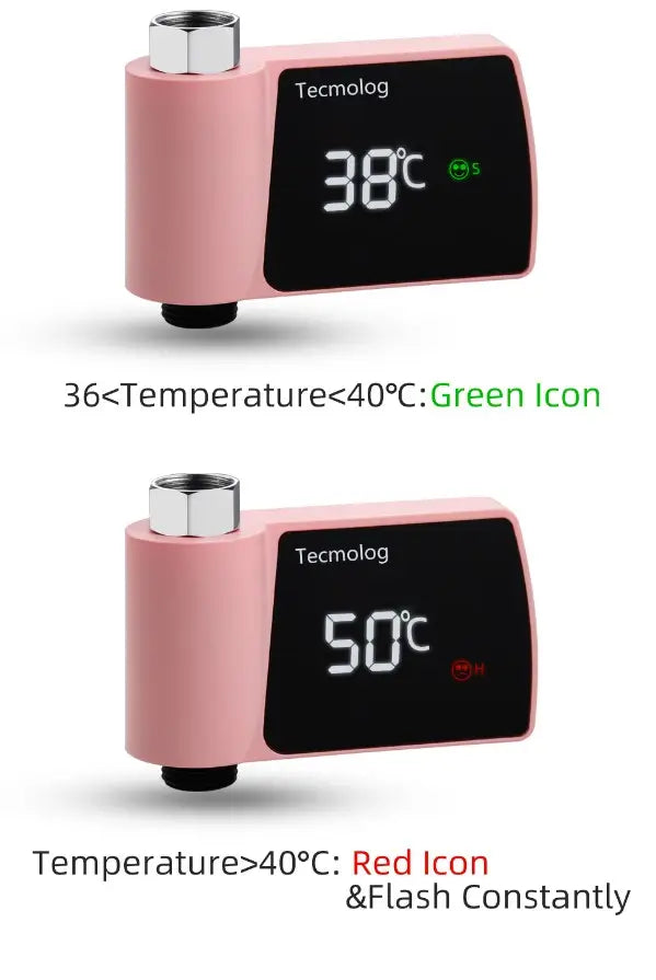 digital plastic visual shower faucet water thermometer in pink with a black display showing current water temperature and color-coded icons indicating safe or unsafe temperature ranges for power consumption water monitoring.