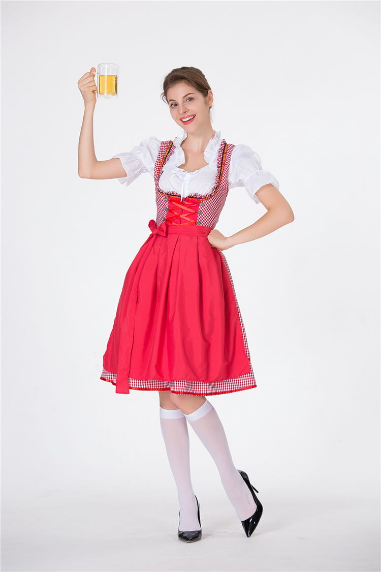 Red and white checkered dirndl dress with lace-up bodice and pleated skirt designed for german beer festival clothing and american german beer celebrations.