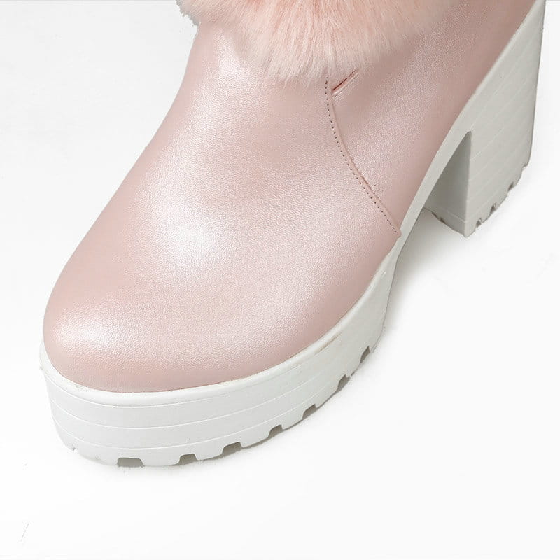 pink leather sweet bow boots with fluffy pink faux fur trim and white platform sole ideal for heel snow sweet styling