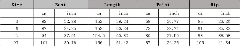 The image shows a size chart in centimeters and inches for a black high slit sequined evening dress available in sizes s, m, l, and xl.