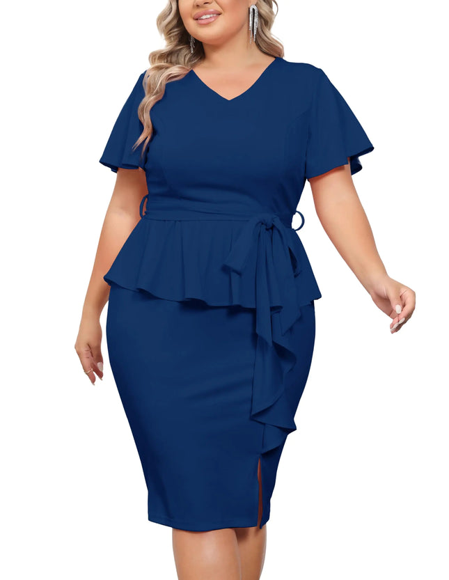 Hanna Nikole Women Plus Size Wrap Dress Peplum Sleeves Dress Formal Work Wrap Dress Cocktail Ruched Dress Navy Blue 20W