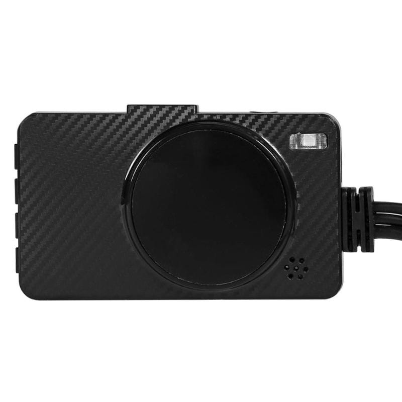 Black carbon fiber-patterned motorcycle hd driving recorder with circular lens and attached cables for secure mount installation