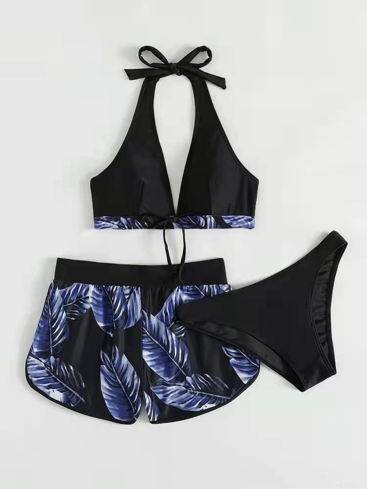 black halter top leaf print bikini set with blue tropical leaf design and matching high-waisted shorts fashion summer in 3pcs leaf print collection