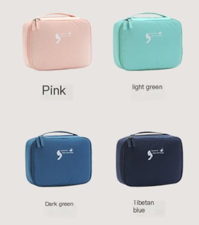 light blue square travel storage bag with pink light green dark green and tibetan blue travel storage bags featuring a soft fabric finish and subtle logo detailing.