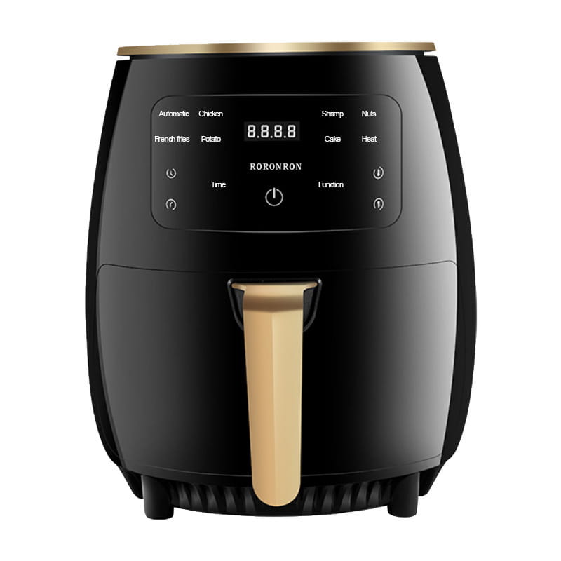 Smart touch air fryer in black and gold stainless steel with a digital control panel featuring preset cooking functions.