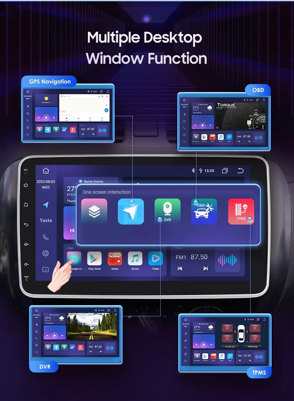 black touchscreen car infotainment system displaying multiple desktop window functions and app icons in a 10.1 inch android car navigation wifi 4glte version carplay model