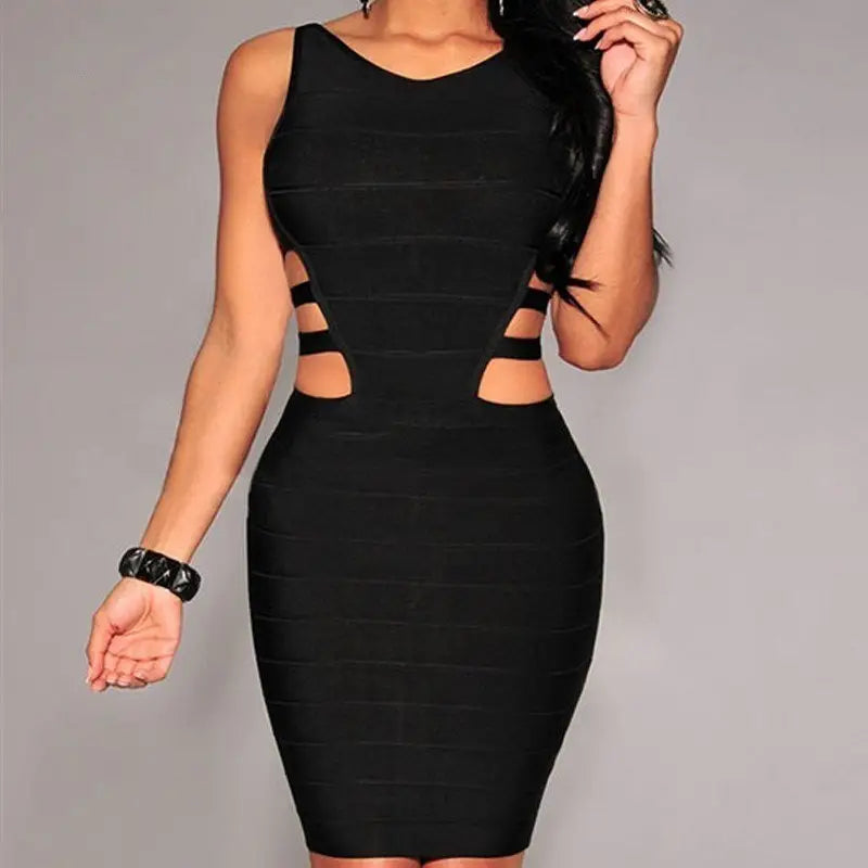 black sexy sleeveless bodycon dress for women with horizontal ribbed texture and side cutouts designed for a sexy sleeveless ladies look
