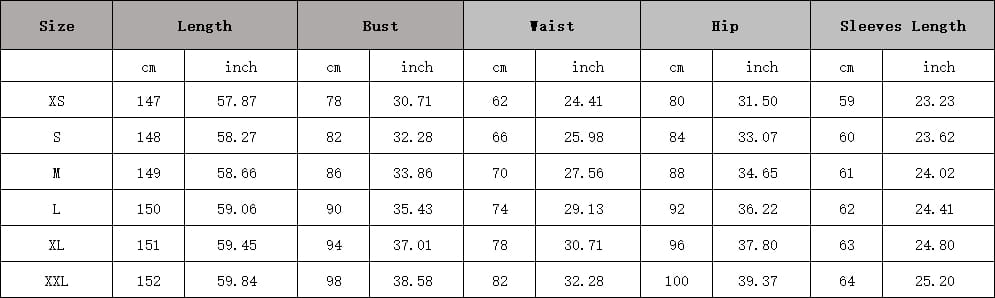 Size chart for a black lace long sleeve round neck sequined maxi dress displaying measurements in centimeters and inches for sizes XS to XXL.