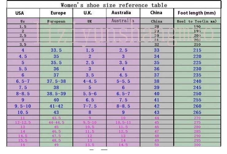 a detailed women’s shoe size reference table displaying conversions across usa europe uk australia and china for snake print peep toe frosted casual shoes