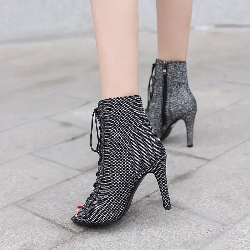 sparkly black mesh peep toe frosted ankle boot with high stiletto heel and lace-up front, ideal frosted casual shoes for stylish wear