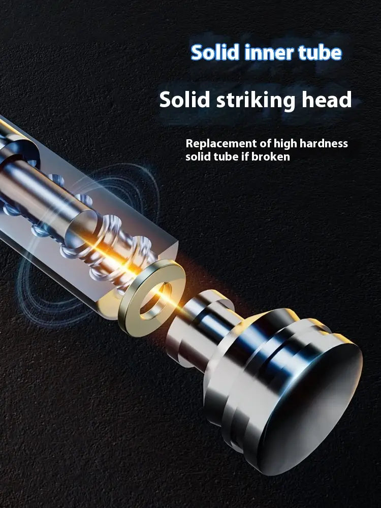Stainless steel solid striking hammer with durable inner tube and replaceable head in automatic spring silver self-defense baton with aluminium alloy construction.