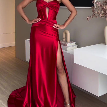 Tube Top Slit Red Extra Long Evening Dress - Royalessencelux