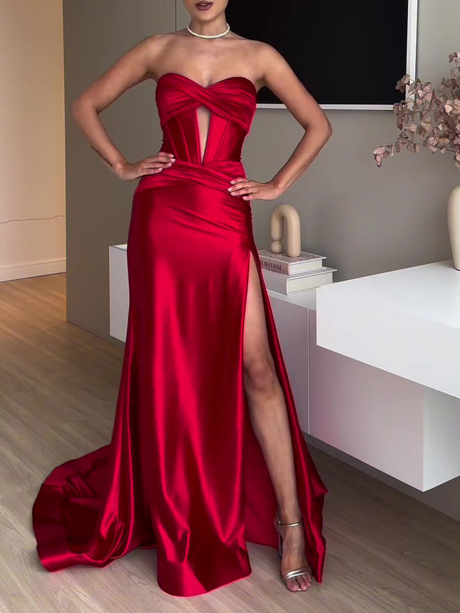 Tube Top Slit Red Extra Long Evening Dress - Royalessencelux