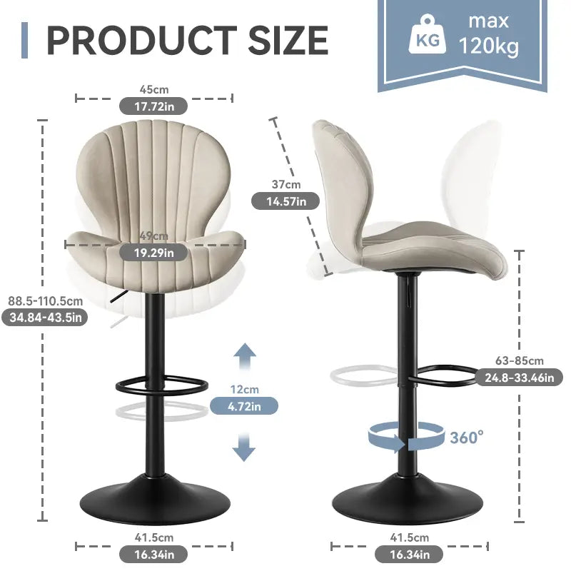 beige upholstered bar stool with quilted cream velvet fabric, black metal base, and adjustable height designed for ultimate comfort and luxury women’s fashion settings.