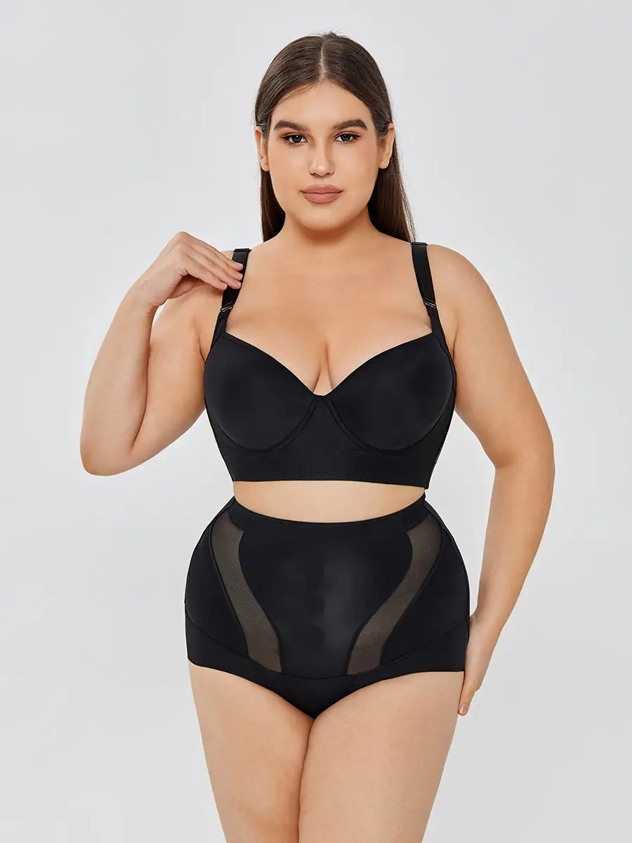 Black plus-size womens tummy control high waist mesh body shaper set with sheer mesh panels designed for tummy control high support and shaping.
