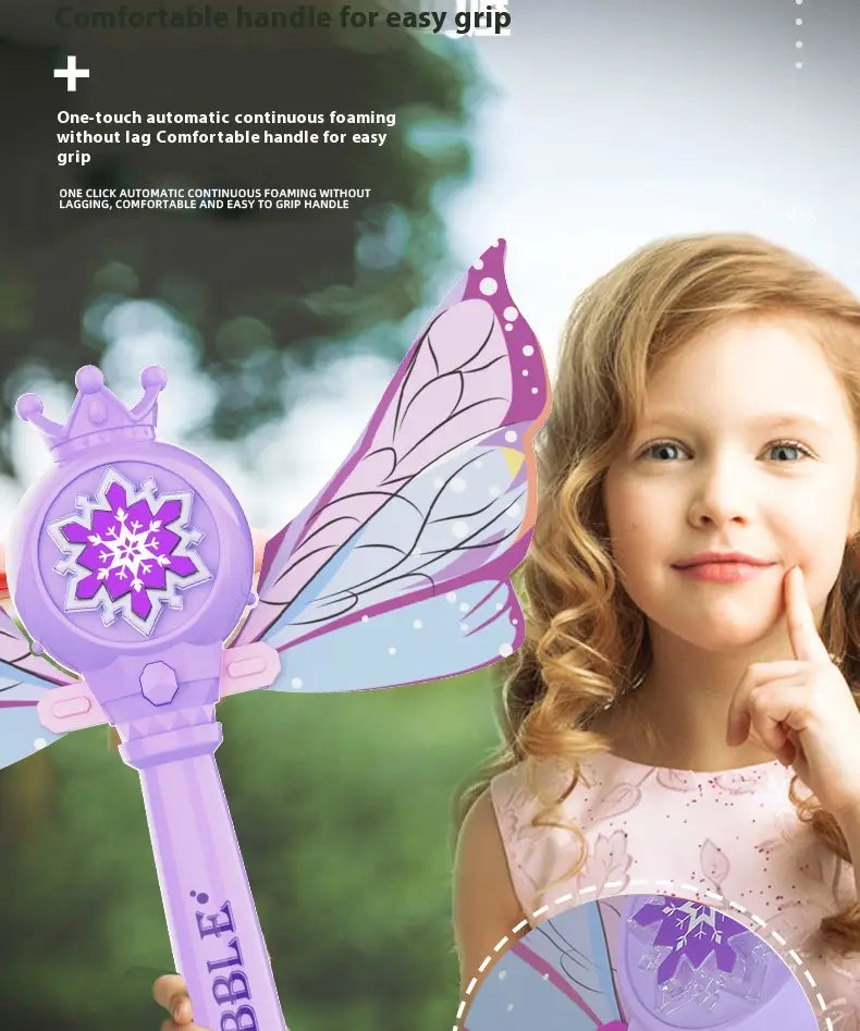 Purple plastic fairy bubble stick with a crown-shaped handle, butterfly wings, and snowflake design on the circular head.